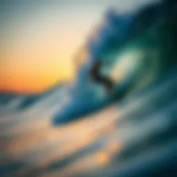 Surfer catching a wave during sunset