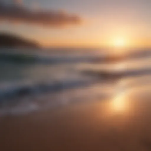 A serene beach at sunset with gentle waves lapping the shore