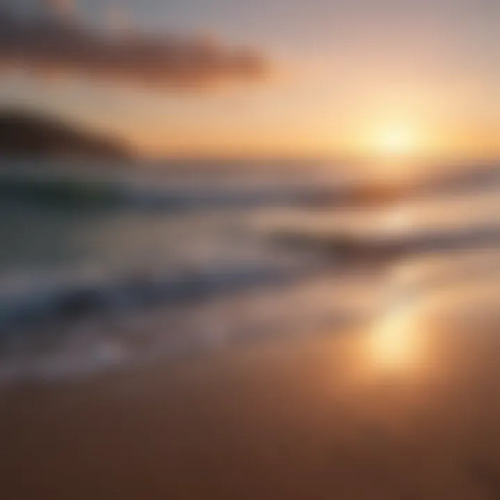 A serene beach at sunset with gentle waves lapping the shore