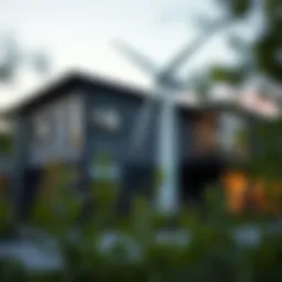 A sleek modern wind turbine installed next to a contemporary home