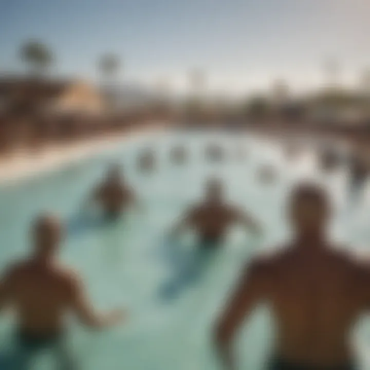 A group of diverse surfers enjoying the waves at a Kelly Slater wave pool