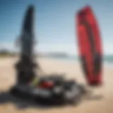 A well-organized kitesurfing gear setup on a beach