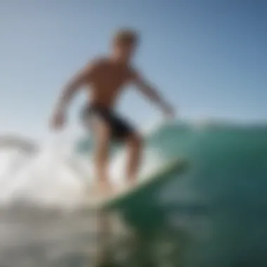 A close-up of a surfer practicing safety techniques while surf skipping