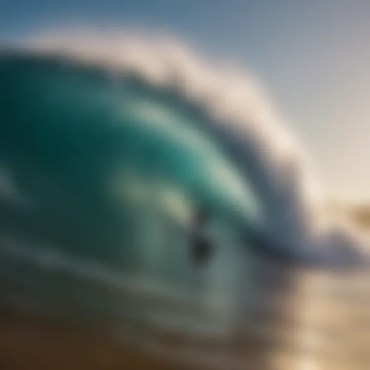 A striking wave breaking on the shore, capturing the essence of surfing.