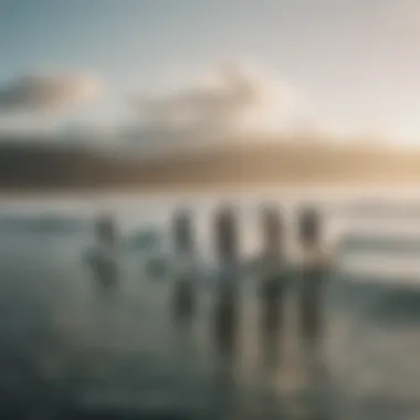 A group of diverse surfers engaging in a spirited discussion about techniques.