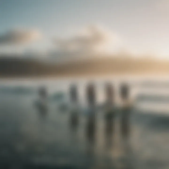 A group of diverse surfers engaging in a spirited discussion about techniques.