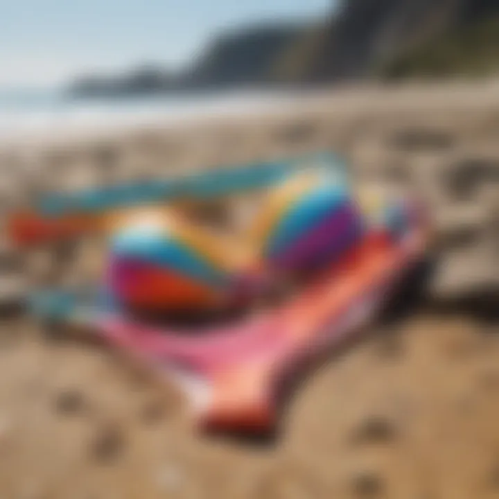 Colorful assortment of bikini bottoms against a vibrant beach backdrop