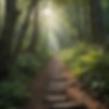 A scenic hiking trail leading through a dense forest with sunlight filtering through