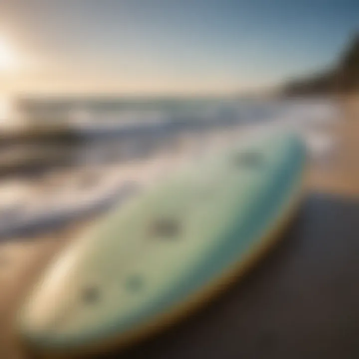 A vibrant Odysea foam surfboard on the beach with waves in the background.