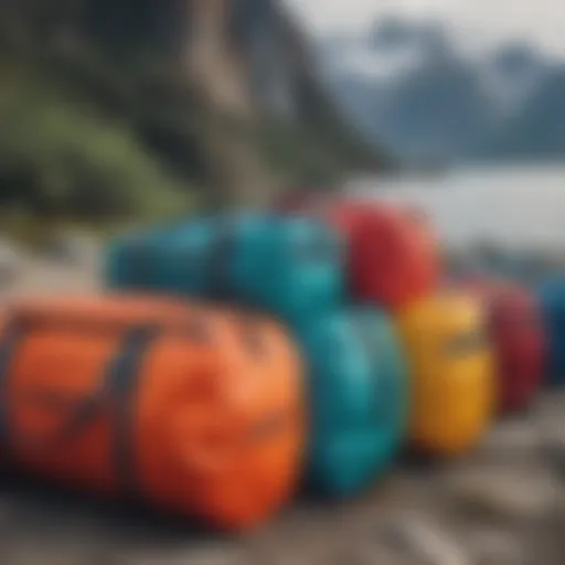 Colorful array of Patagonia duffel bags displayed outdoors