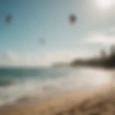 A lively kitesurfing community gathering by the beach, with enthusiasts sharing experiences.