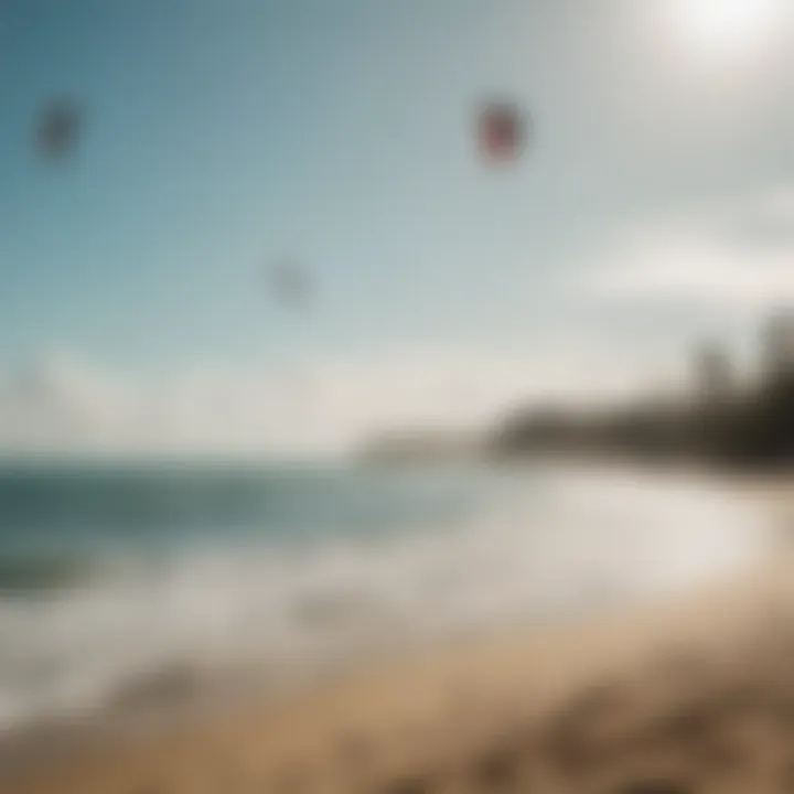 A lively kitesurfing community gathering by the beach, with enthusiasts sharing experiences.