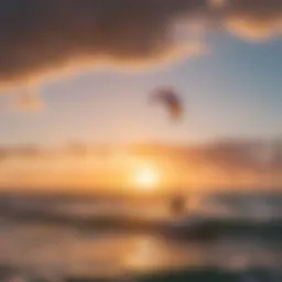 A stunning kitesurfing scene at sunset with vibrant colors reflecting on the water.