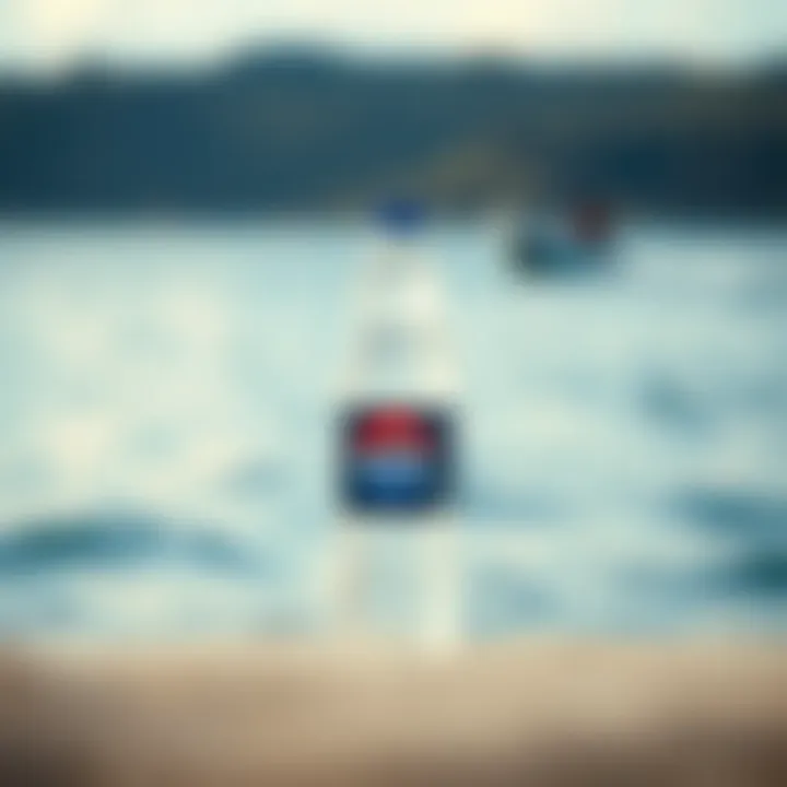 A refreshing bottle of water with a scenic water backdrop