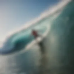 Surfer navigating through powerful waves.