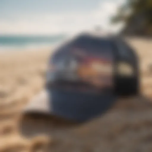 Custom Rip Curl trucker hat displayed on a beach backdrop