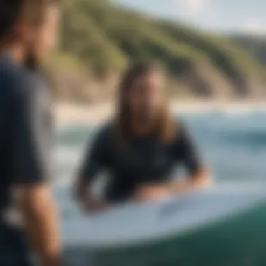 Rob Machado discussing fin design philosophy with a group of surfers