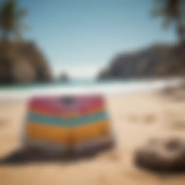 A scenic beach landscape with the shorts displayed in a vibrant outdoor setting.