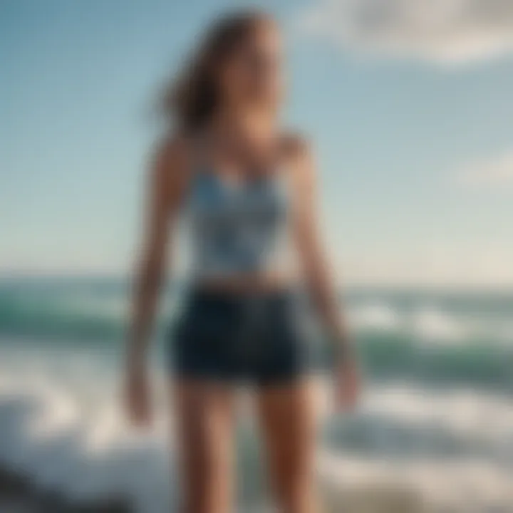 A stylish individual showcasing Roxy's New Impossible Love Shorts against a backdrop of ocean waves.