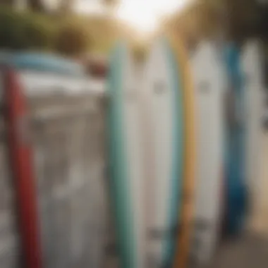 A close-up view of surfboards secured in a rack