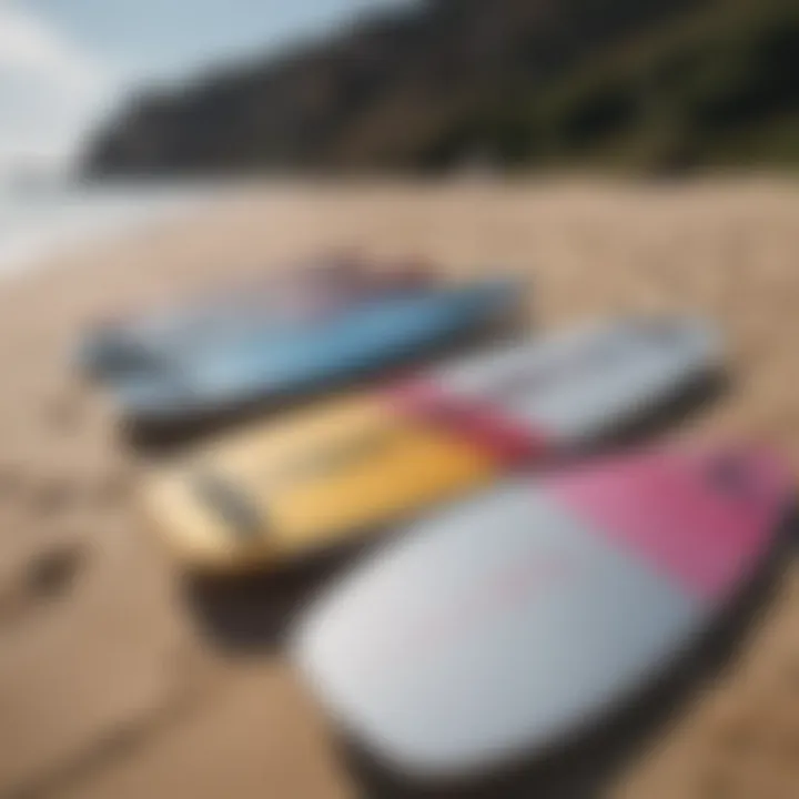 An overview of different types of foil boards displayed on a beach