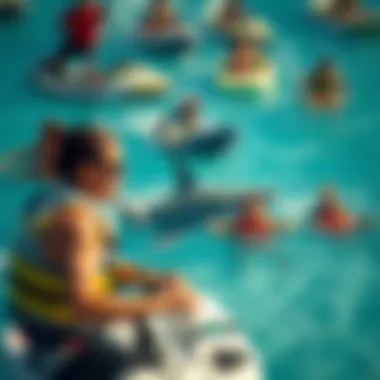 Engaging in Watersports Responsibly with Sharks in Mind A group of watersport enthusiasts enjoying activities in a safe and shark-aware manner.