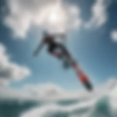 An aerial shot of a sky surfer performing an intricate maneuver.