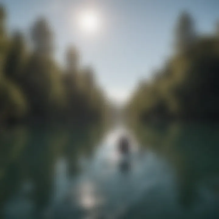 A paddler demonstrating the maneuverability of the Slingshot paddleboard on calm waters