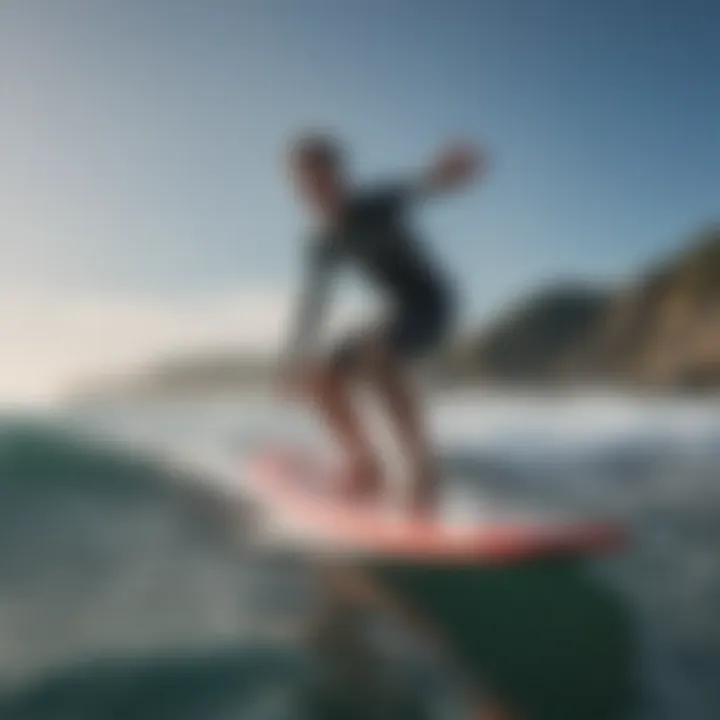 Beginner surfer practicing on a soft top board