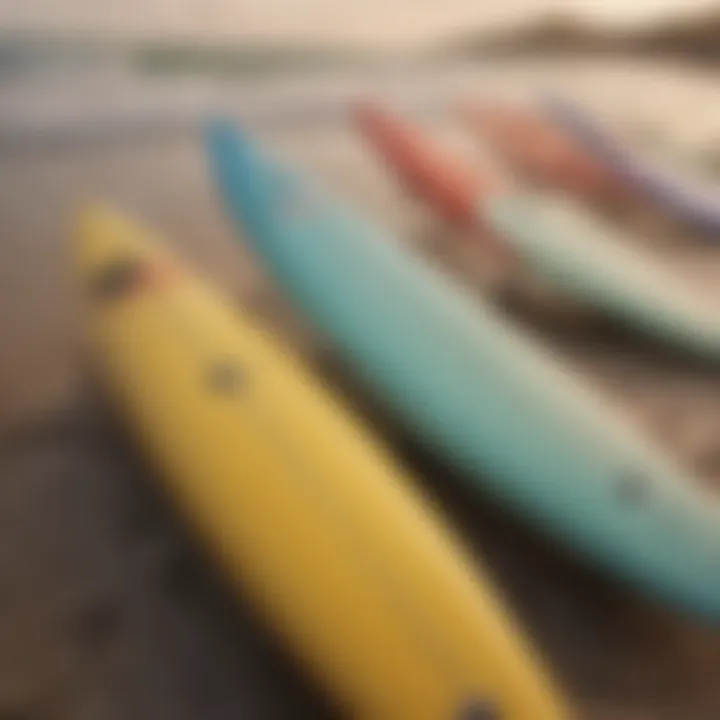 Different styles of soft top surfboards displayed