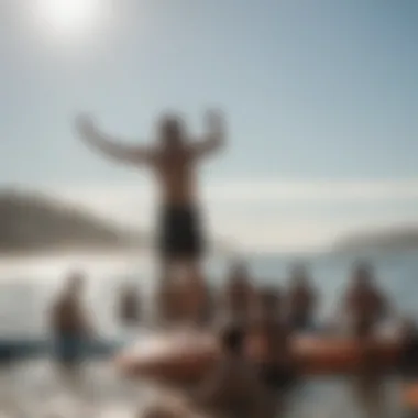 A community gathering at a beach event with watersport demonstrations