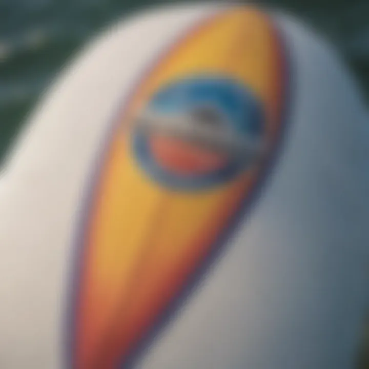 A close-up of a surfboard adorned with the South Bay Boardriders logo