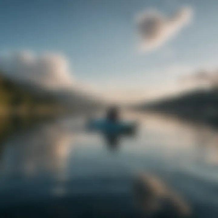 A serene view of a calm water surface reflecting the sky, symbolizing tranquility in watersports.