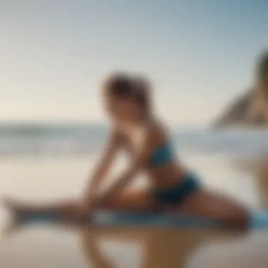 A stretch routine being performed on a beach, showcasing flexibility and preparation for watersport activities.