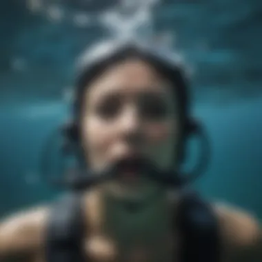 A serene underwater scene depicting a diver practicing breath control.