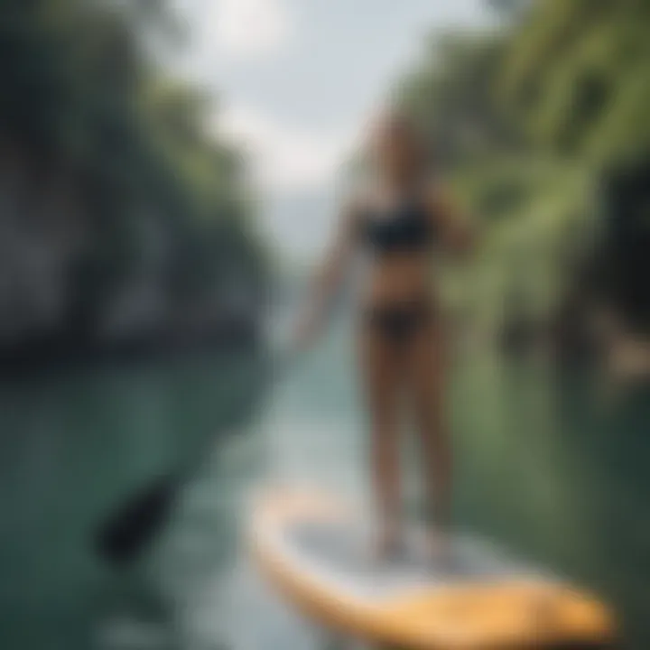 An athlete performing lung capacity exercises on a paddleboard in calm waters.