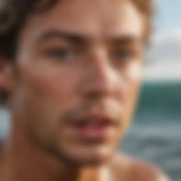 Close-up of an athlete's face showing concentration while engaging in breath control during surfing.