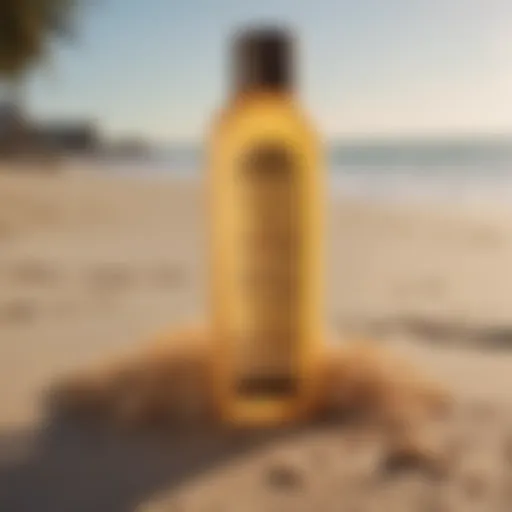 A bottle of Sun Bum Curls and Waves Shampoo on a sandy beach.