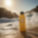 A bottle of Sun Bum Sunscreen Spray SPF 15 against a backdrop of waves