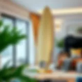 Stylish surfboard display stand in a modern living room