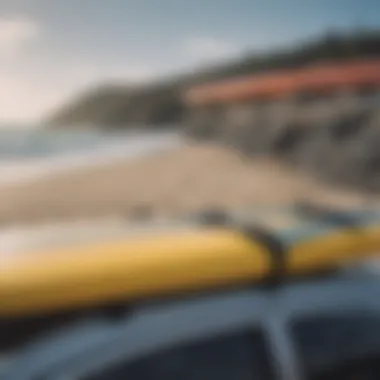 Surfboard secured on a car roof with straps