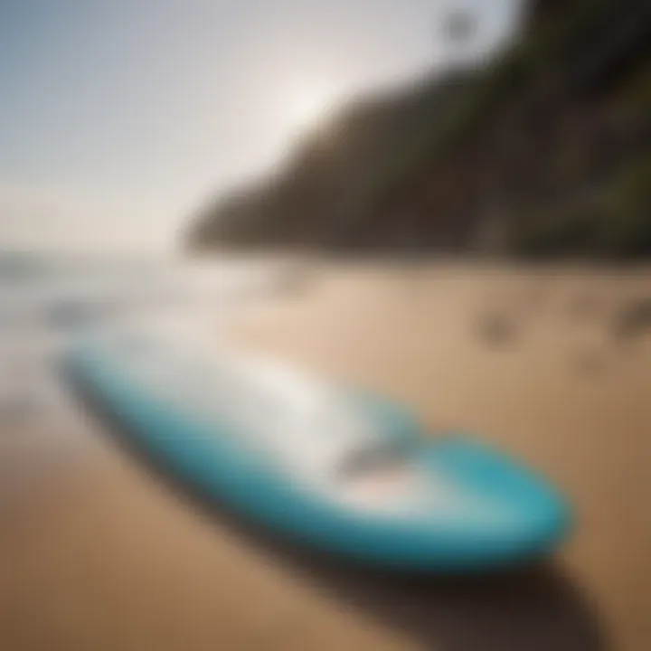 Surfboard with surf foam displayed on a beach setting