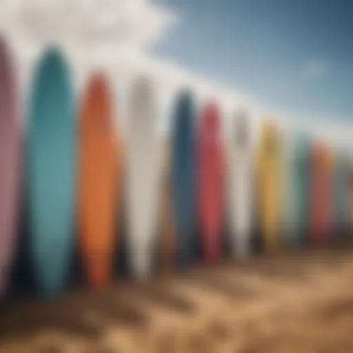 A collection of vibrant surfboards leaning against a sunny beach backdrop