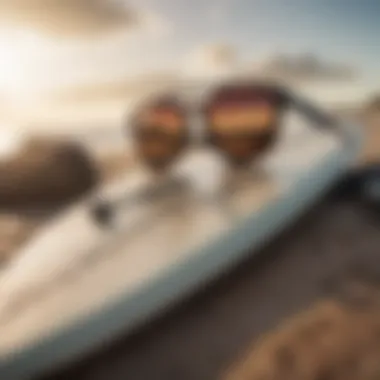 Surfer gear arranged artfully on a surfboard, including sunglasses and a rash guard