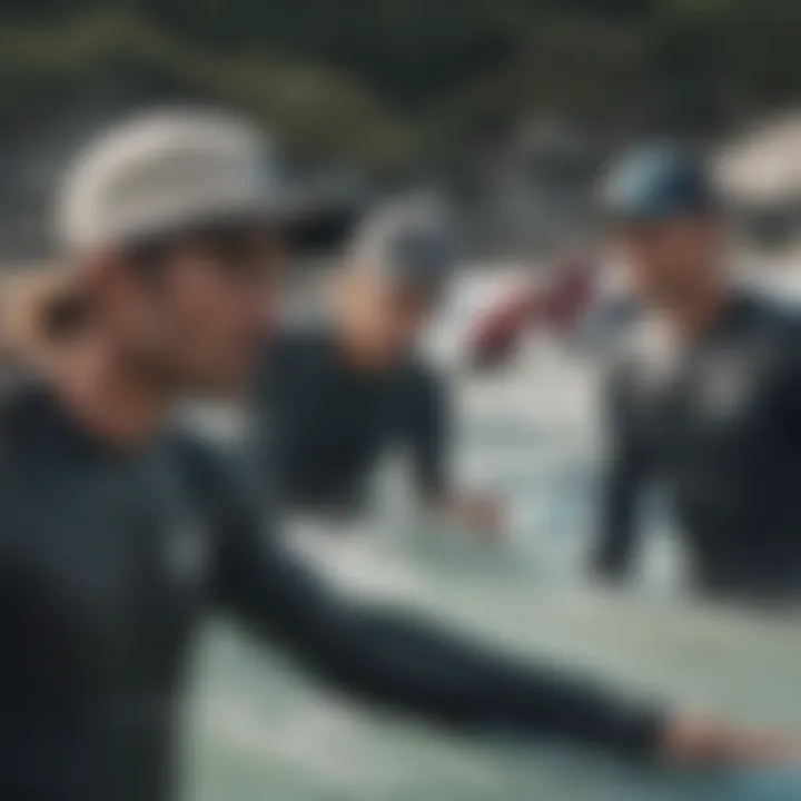 Group of surfers wearing Rip Curl trucker hats at a competition