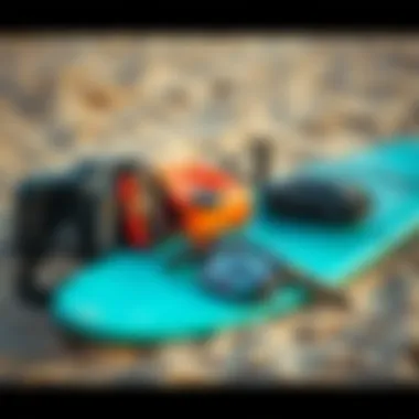 Essential Surfing Gear on the Sand Essential surfing gear laid out on the sand