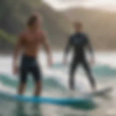 Surf Lessons: Nurturing New Talent An instructor guiding a beginner surfer on the beach, emphasizing the welcoming nature of Oahu's surf schools.