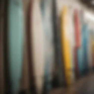 A close-up view of vibrant surfboards lined up at a rental shop in Oahu, reflecting local artistry.