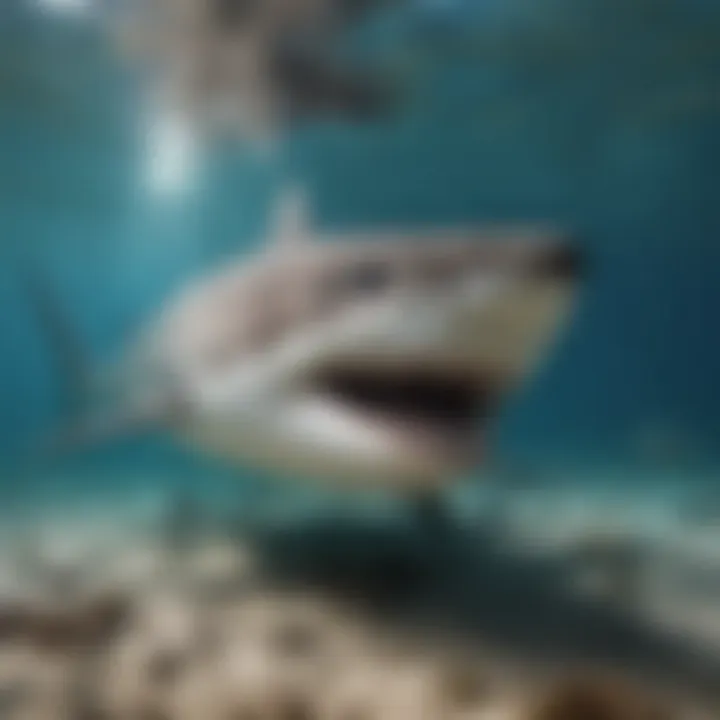 An underwater shot of a shark approaching the chum