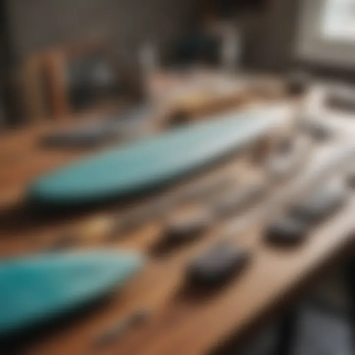 Tools arranged neatly for surfboard shaping and customization